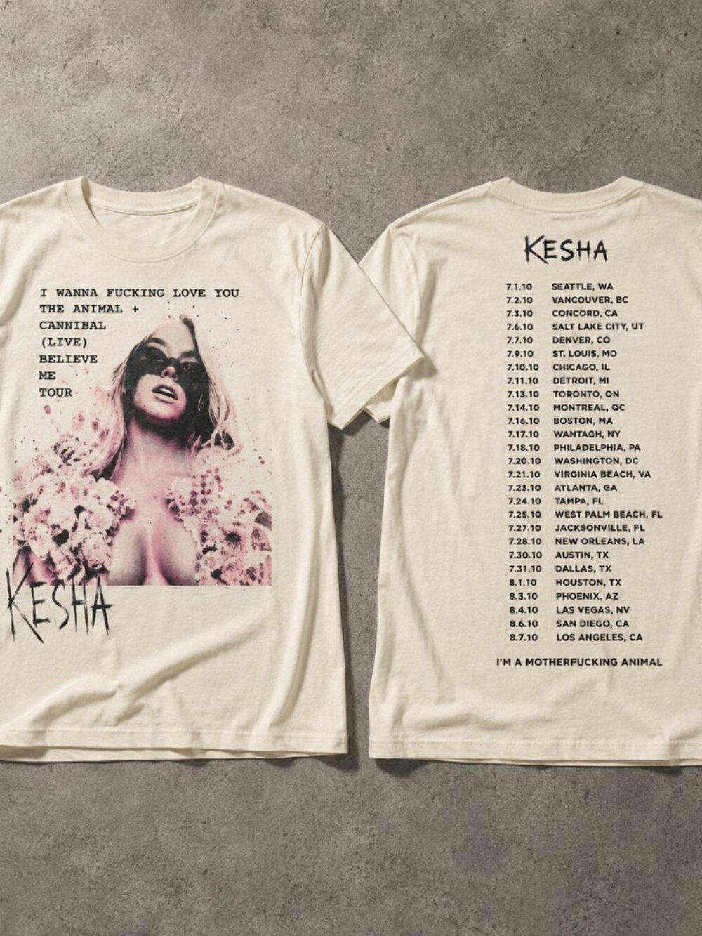 Kesha Animal Tour Double-Sided Cream Portrait Concert T-Shirt Reprint